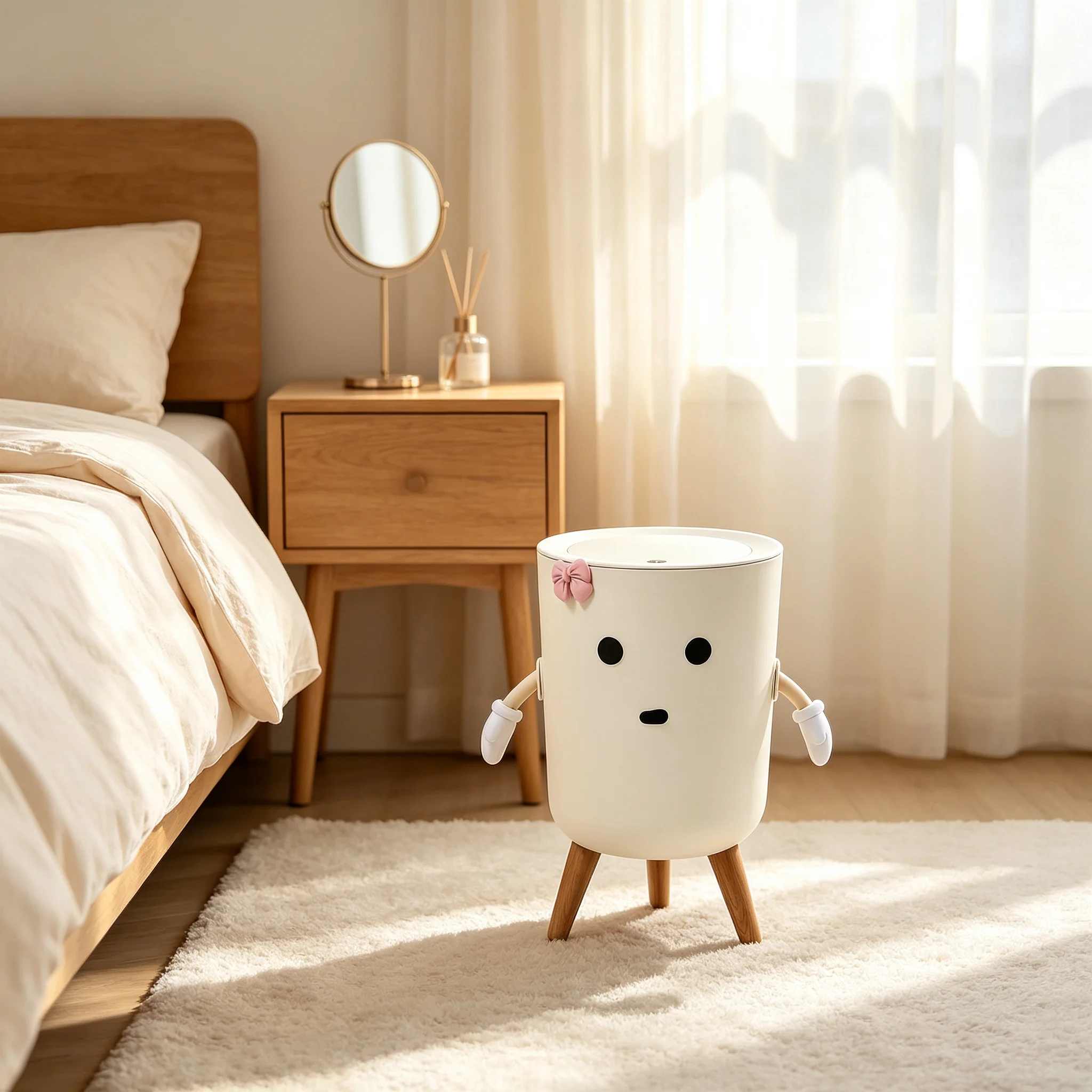 Cute Cartoon Character Press‑Lid Trash Can, Kawaii Garbage Bin with Movable Arms, Pink Bowknot & Wooden Legs, Aesthetic Decorative Lidded Waste Bin for Bedroom Dorm Vanity
