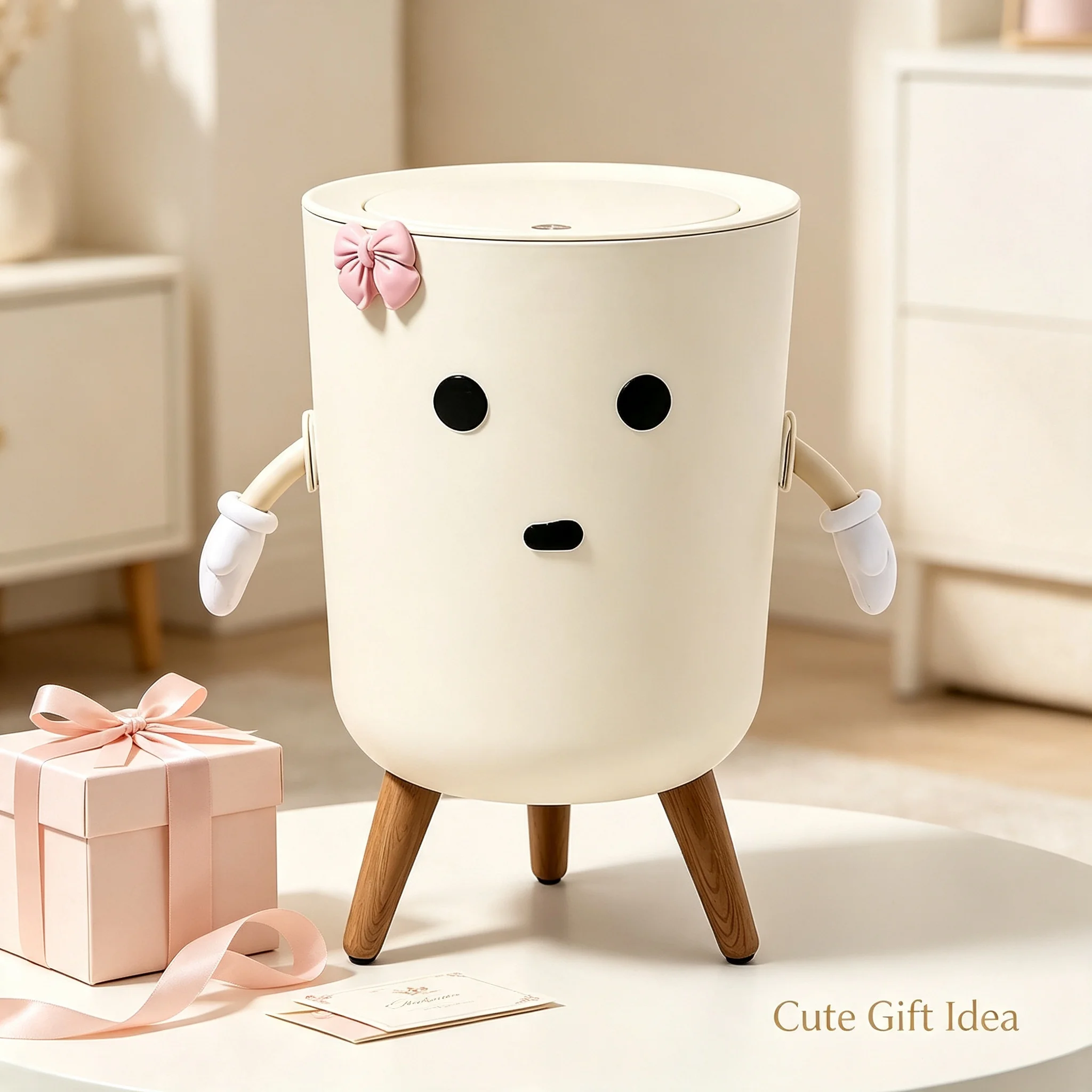 Cute Cartoon Character Press‑Lid Trash Can, Kawaii Garbage Bin with Movable Arms, Pink Bowknot & Wooden Legs, Aesthetic Decorative Lidded Waste Bin for Bedroom Dorm Vanity
