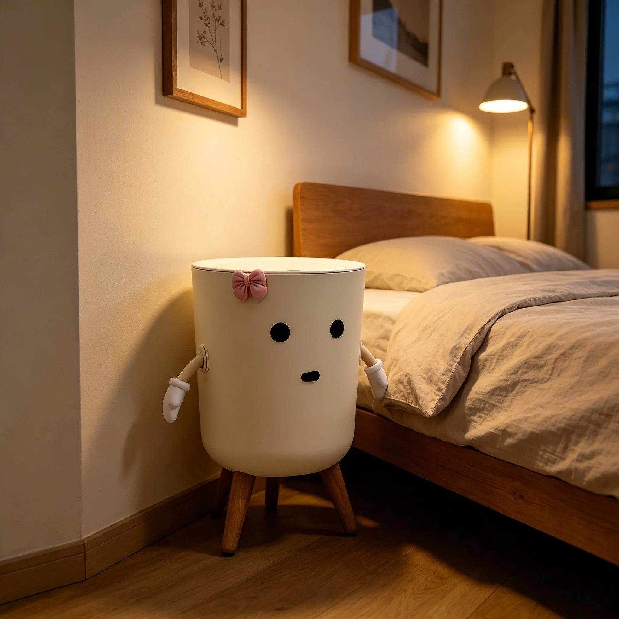 Cute Cartoon Character Press‑Lid Trash Can, Kawaii Garbage Bin with Movable Arms, Pink Bowknot & Wooden Legs, Aesthetic Decorative Lidded Waste Bin for Bedroom Dorm Vanity