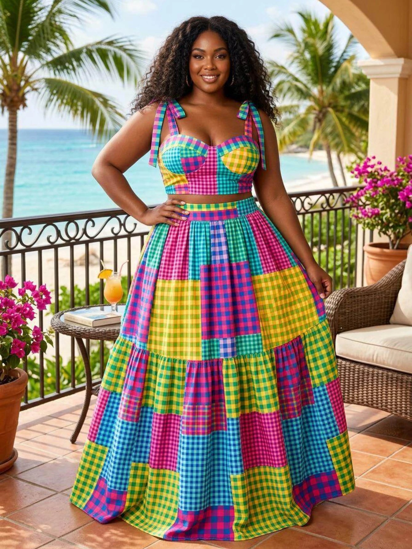 Women Plus Size Tie Strap Plaid Patchwork Crop Top + High Waist Tiered Long Skirt Set Elegant Color Block Outfit For Beach Vacation Party Occasion