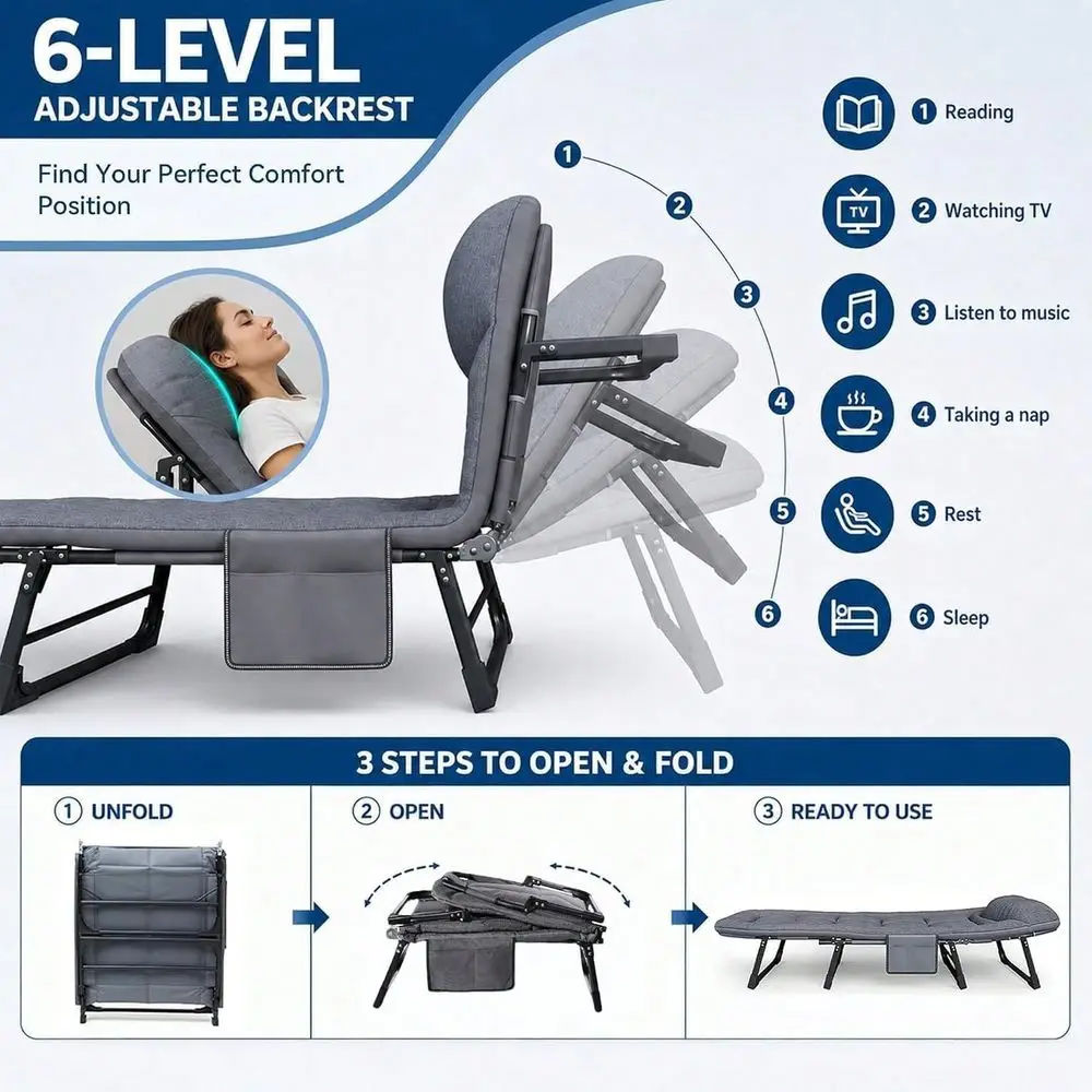 Cot For Adults,Folding Camping Bed With 6Level Adjustable Backrest,Heavy Duty Reclining Sleeping Cot With Mattress And Pillow,O