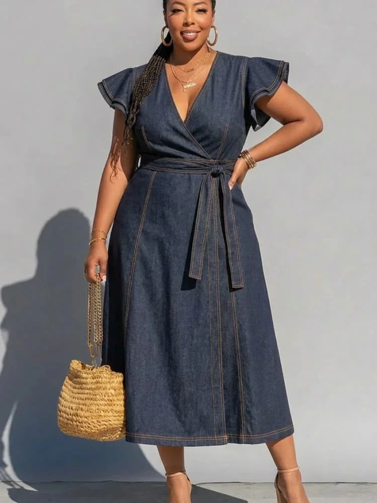Plus Size V Neck Ruffle Sleeve Wrap Waist Midi Dress For Women Daily Vacation Outdoor Casual A Line Long Dress