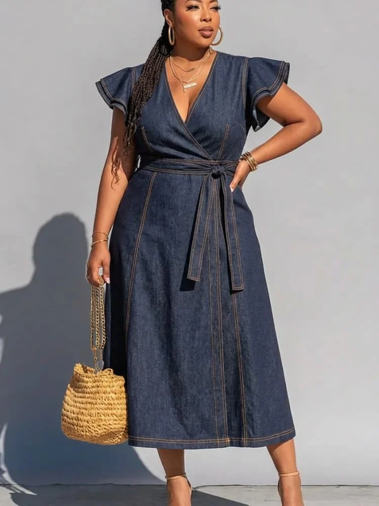 Plus Size V Neck Ruffle Sleeve Wrap Waist Midi Dress For Women Daily Vacation Outdoor Casual A Line Long Dress