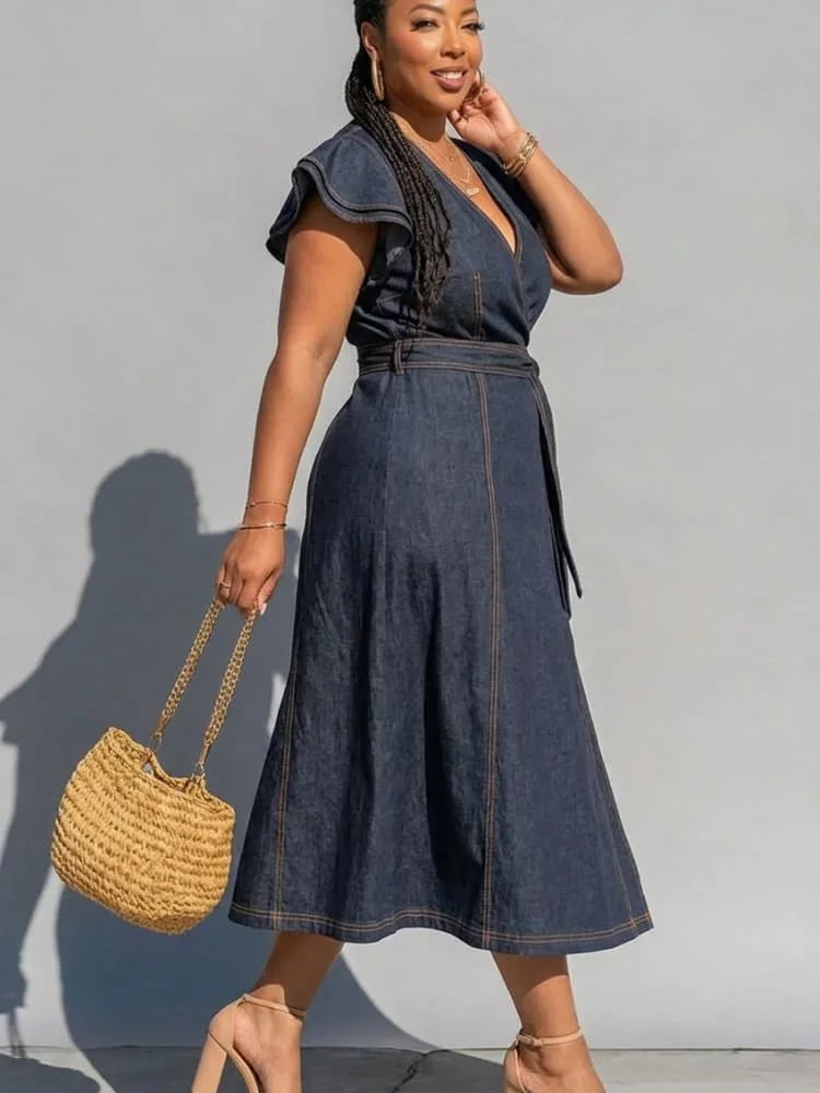Plus Size V Neck Ruffle Sleeve Wrap Waist Midi Dress For Women Daily Vacation Outdoor Casual A Line Long Dress