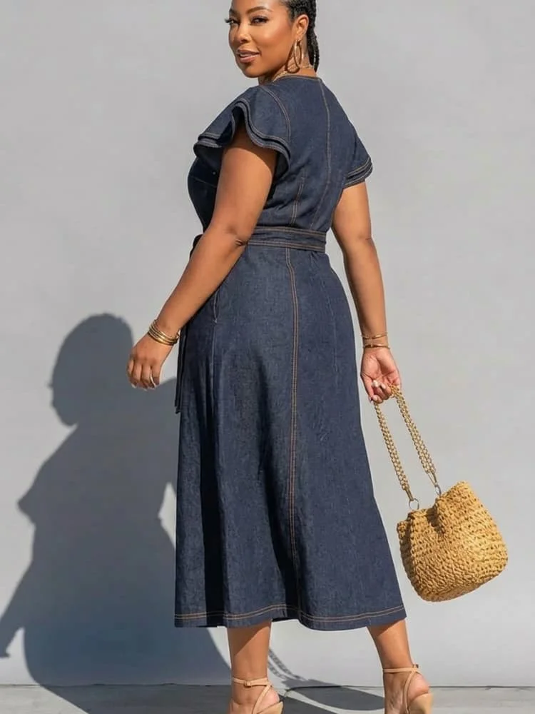 Plus Size V Neck Ruffle Sleeve Wrap Waist Midi Dress For Women Daily Vacation Outdoor Casual A Line Long Dress