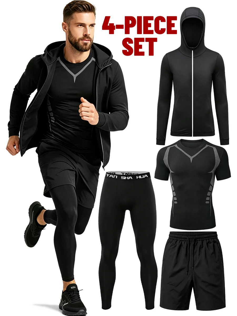 Men's 4 Piece Workout Set, T-Shirt Shorts Leggings Hoodie, Lightweight Quick Dry Breathable Gym Set, Ships from US