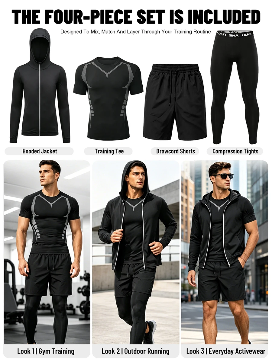 Men's 4 Piece Workout Set, T-Shirt Shorts Leggings Hoodie, Lightweight Quick Dry Breathable Gym Set, Ships from US