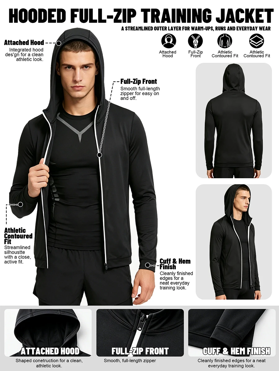 Men's 4 Piece Workout Set, T-Shirt Shorts Leggings Hoodie, Lightweight Quick Dry Breathable Gym Set, Ships from US