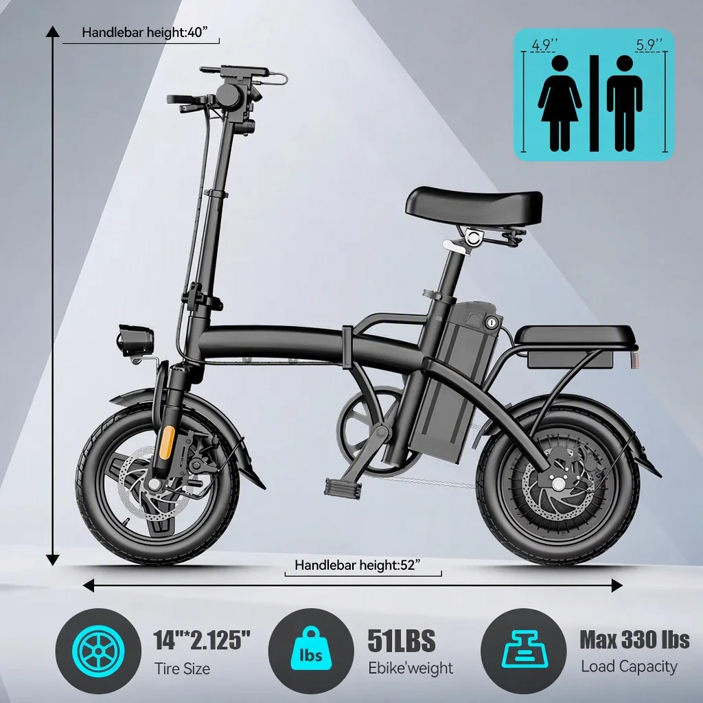 Folding Electric Bike for Adults 500W Brushless Motor Removable Battery 14" All‑Terrain Fat Tire 3 Riding Modes Foldable Ebike for Urban Commute
