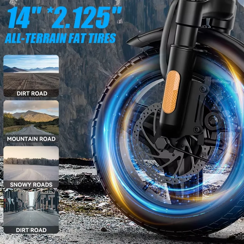 Folding Electric Bike for Adults 500W Brushless Motor Removable Battery 14" All‑Terrain Fat Tire 3 Riding Modes Foldable Ebike for Urban Commute