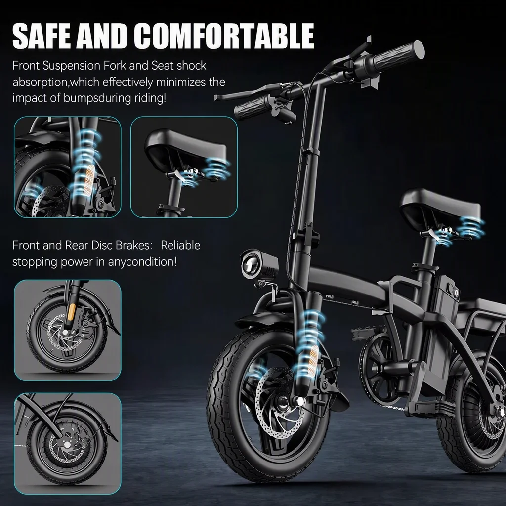 Folding Electric Bike for Adults 500W Brushless Motor Removable Battery 14" All‑Terrain Fat Tire 3 Riding Modes Foldable Ebike for Urban Commute