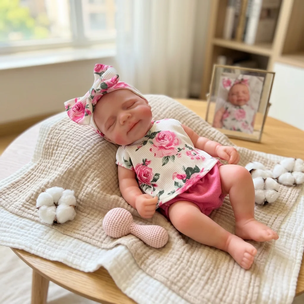 13 Inch Full Body Silicone Reborn Doll Pascale Closed Eyes Sleeping With Floral Print Outfit Hand Painted Waterproof Soft Touch Bebe Reborn Collectible Display Gift