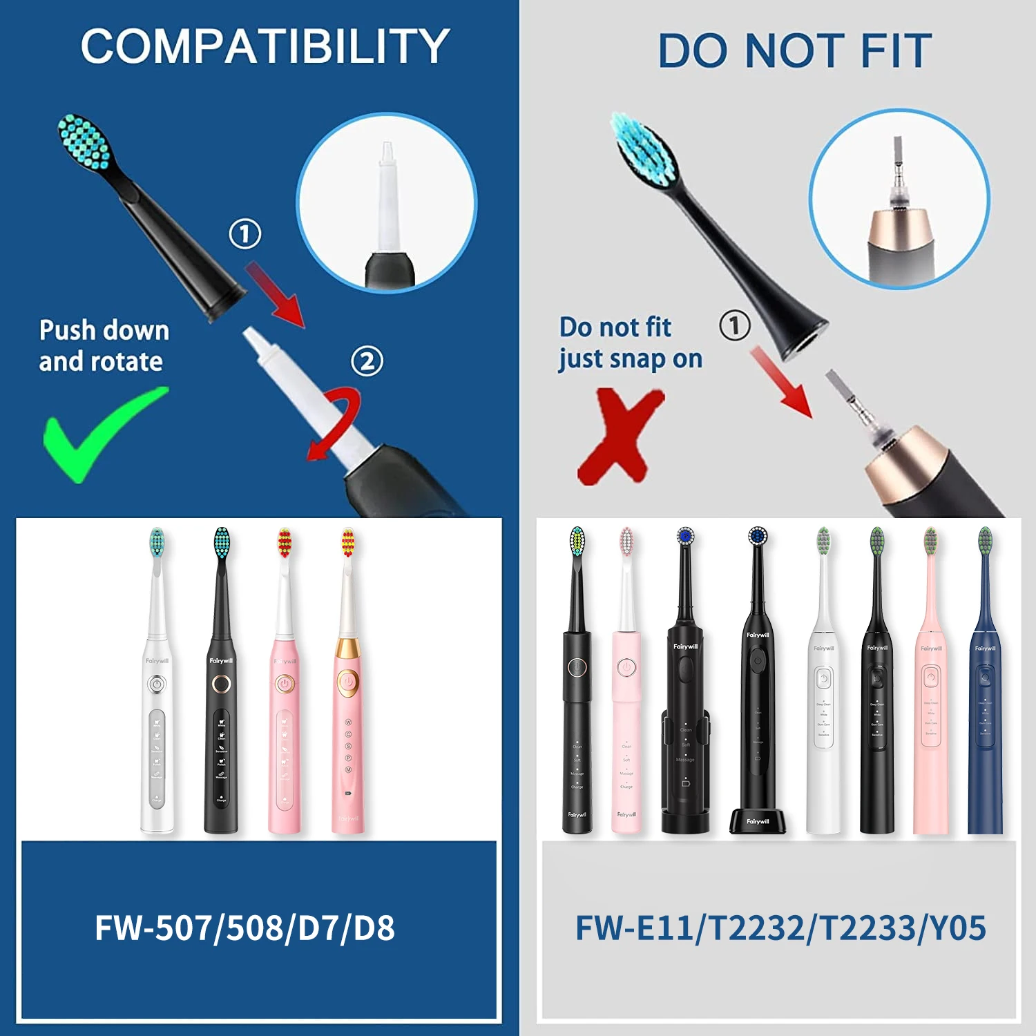 Fairywill Electric Toothbrushes Replacement Heads Electric Toothbrush Heads Sets for FW-507 FW-508 FW-917 Head Toothbrush
