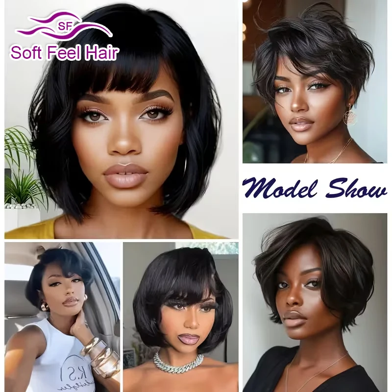 Chic Pixie Cut Human Hair Wigs With Bangs Full Machine Made Layered Straight Curly Human Hair Wigs For Women