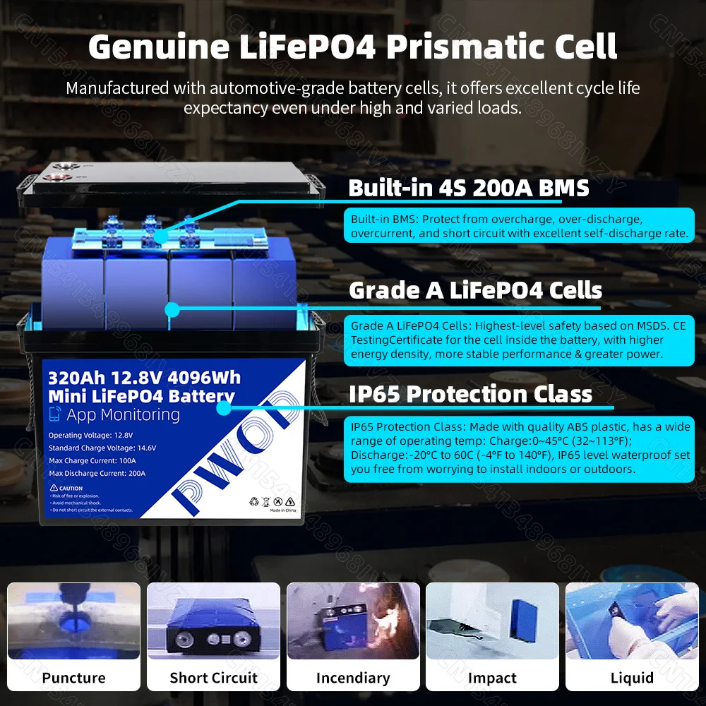 US Stock 12V 320Ah Grade A LiFePO4 Battery Pack APP Control 8000+ Deep Cycles Built-in 4S 200A Smart BMS 12.8V Rechargeable Lithium Iron Phosphate Battery for RV Solar Home Energy Storage Golf Cart Battery