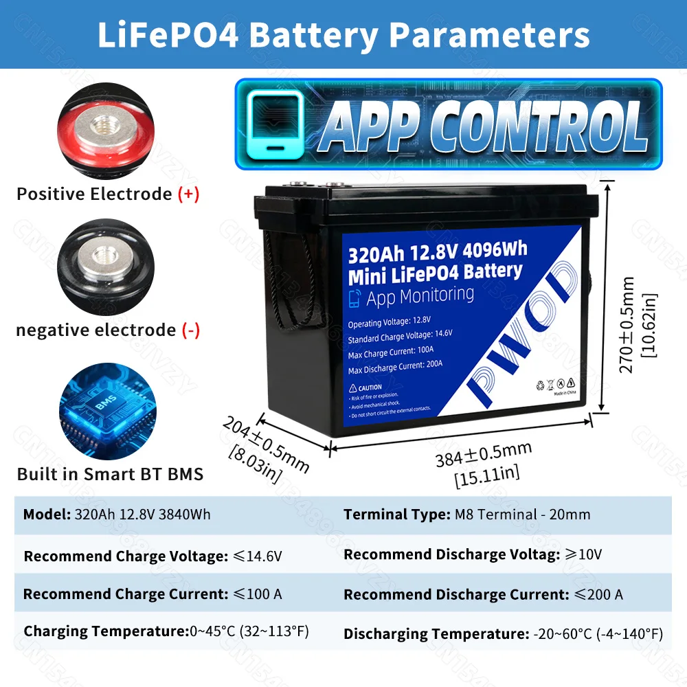US Stock 12V 320Ah Grade A LiFePO4 Battery Pack APP Control 8000+ Deep Cycles Built-in 4S 200A Smart BMS 12.8V Rechargeable Lithium Iron Phosphate Battery for RV Solar Home Energy Storage Golf Cart Battery