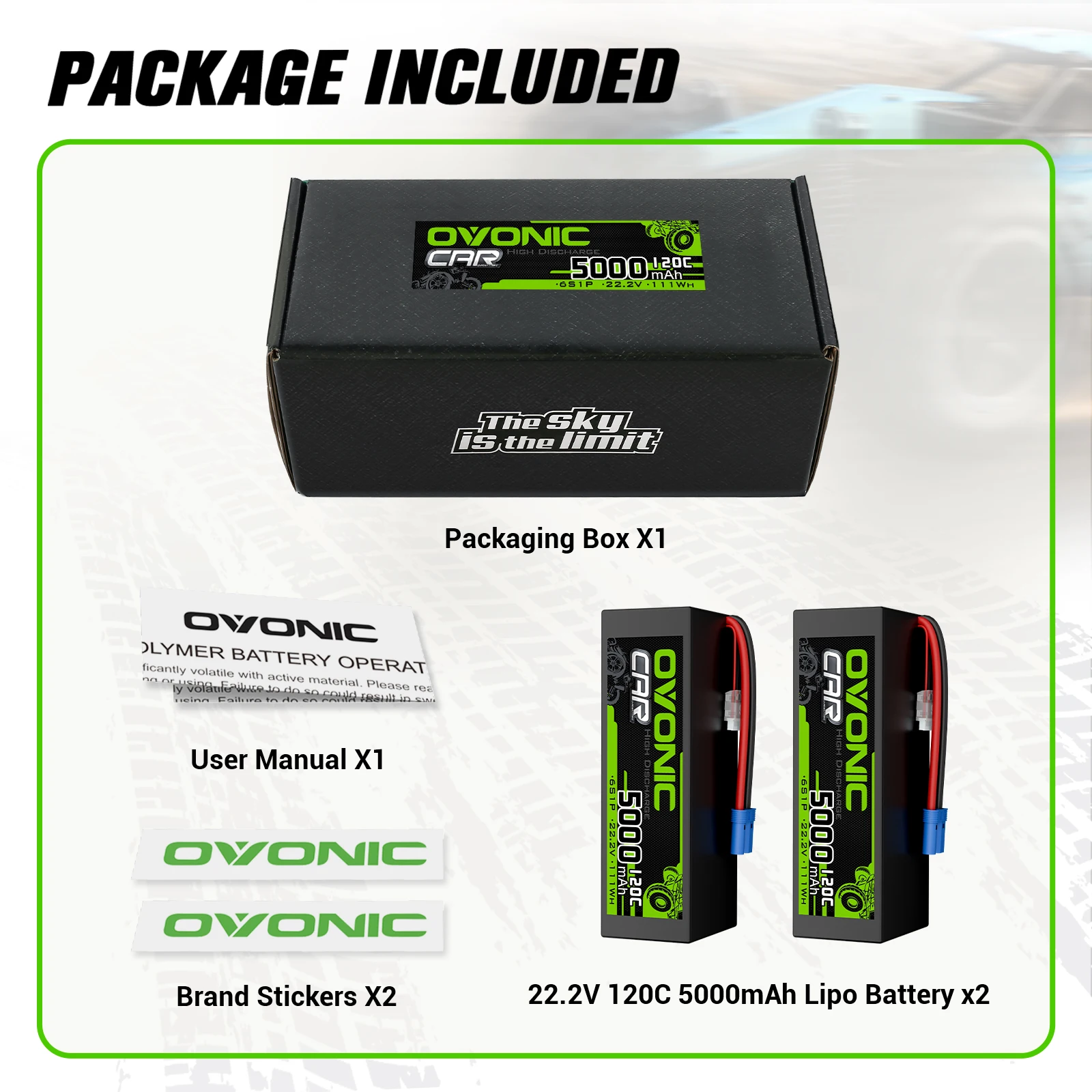OVONIC 6S Hard Case LiPo Battery 22.2V 5000mAh 120C with EC5 Plug for RC Car RC Truck Airplane Helicopter Boat Car Racing RC Hobby (2 Packs)