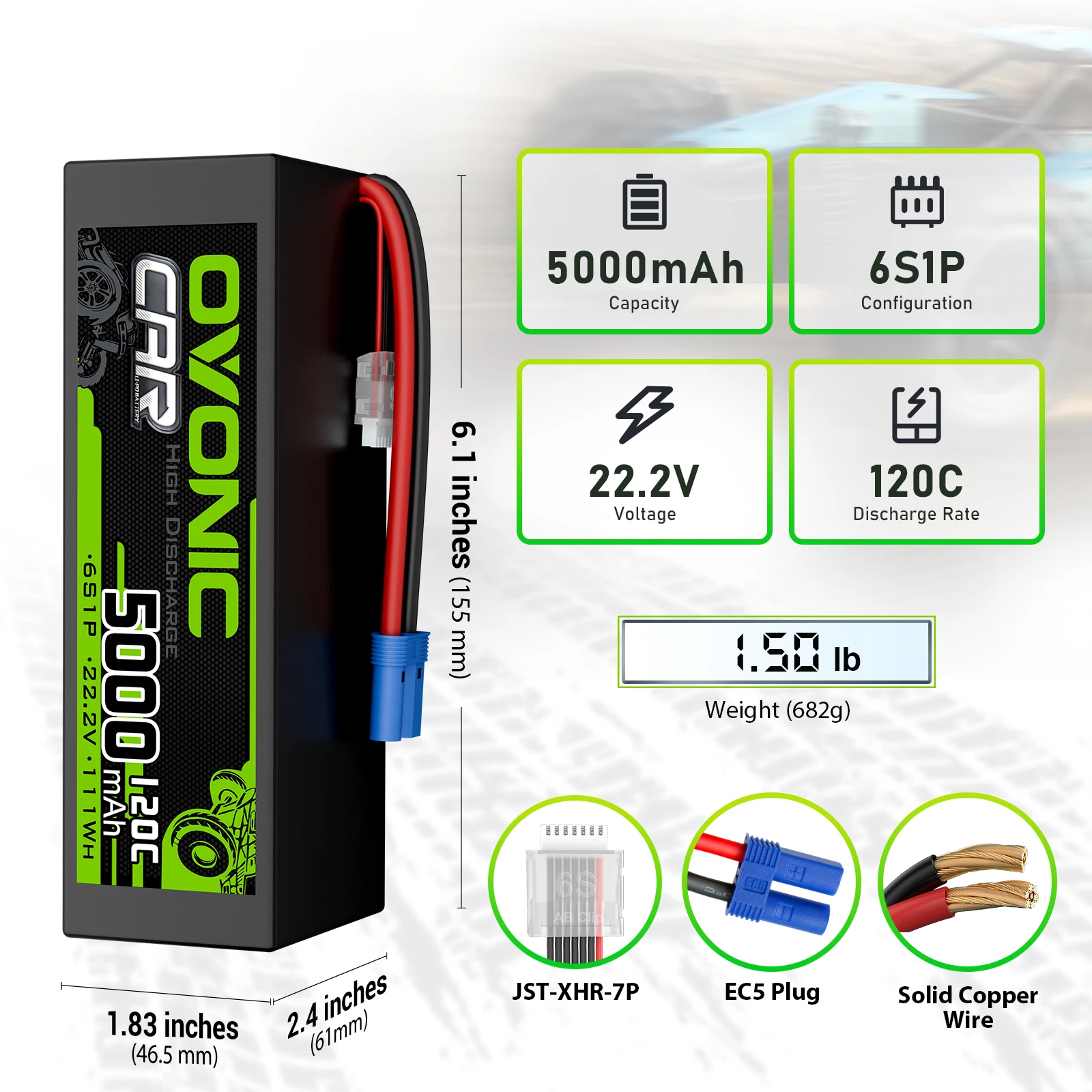 OVONIC 6S Hard Case LiPo Battery 22.2V 5000mAh 120C with EC5 Plug for RC Car RC Truck Airplane Helicopter Boat Car Racing RC Hobby (2 Packs)