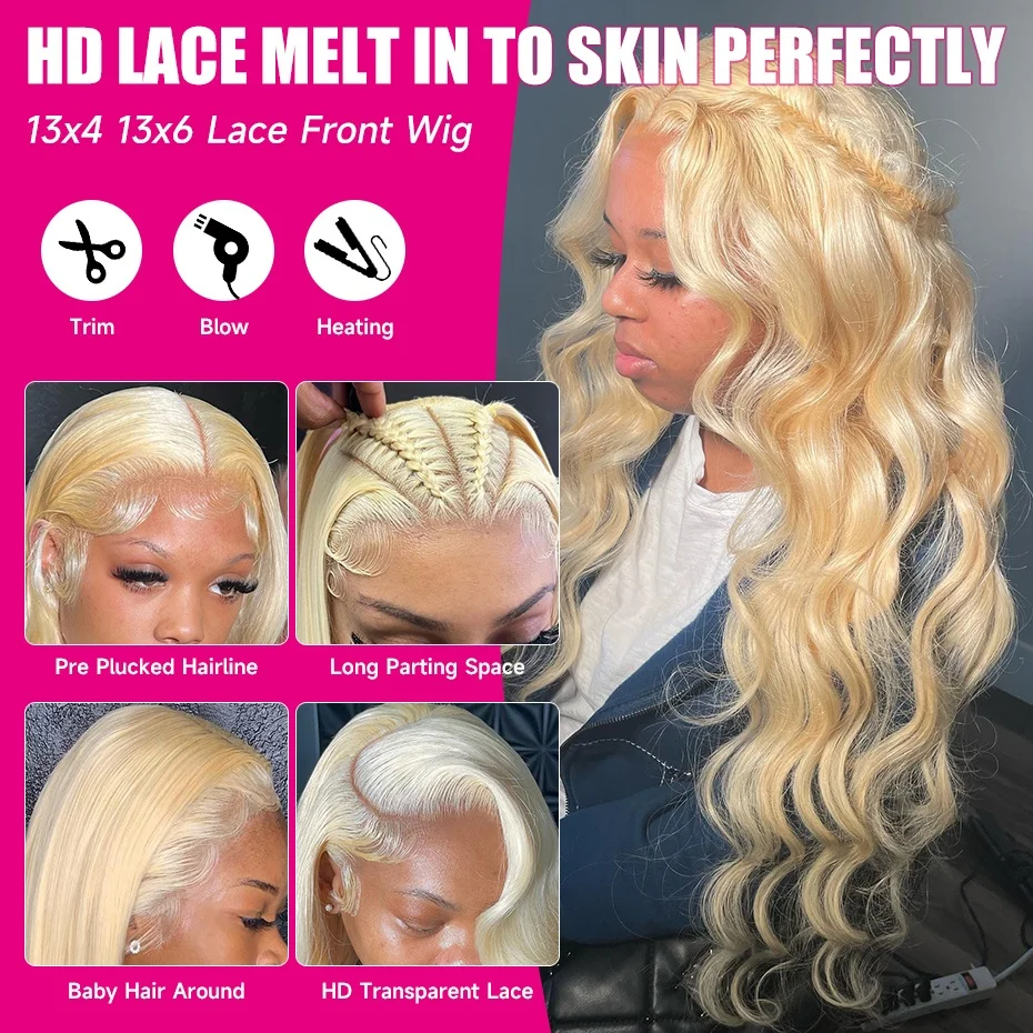HD 360 Full Lace Wig Human Hair Pre Plucked 613 Honey Blonde Color Lace Front Wigs For Women Remy Vietnamese 13x4 13x6 Lace Frontal Body Wave Wigs 200% 220% Density