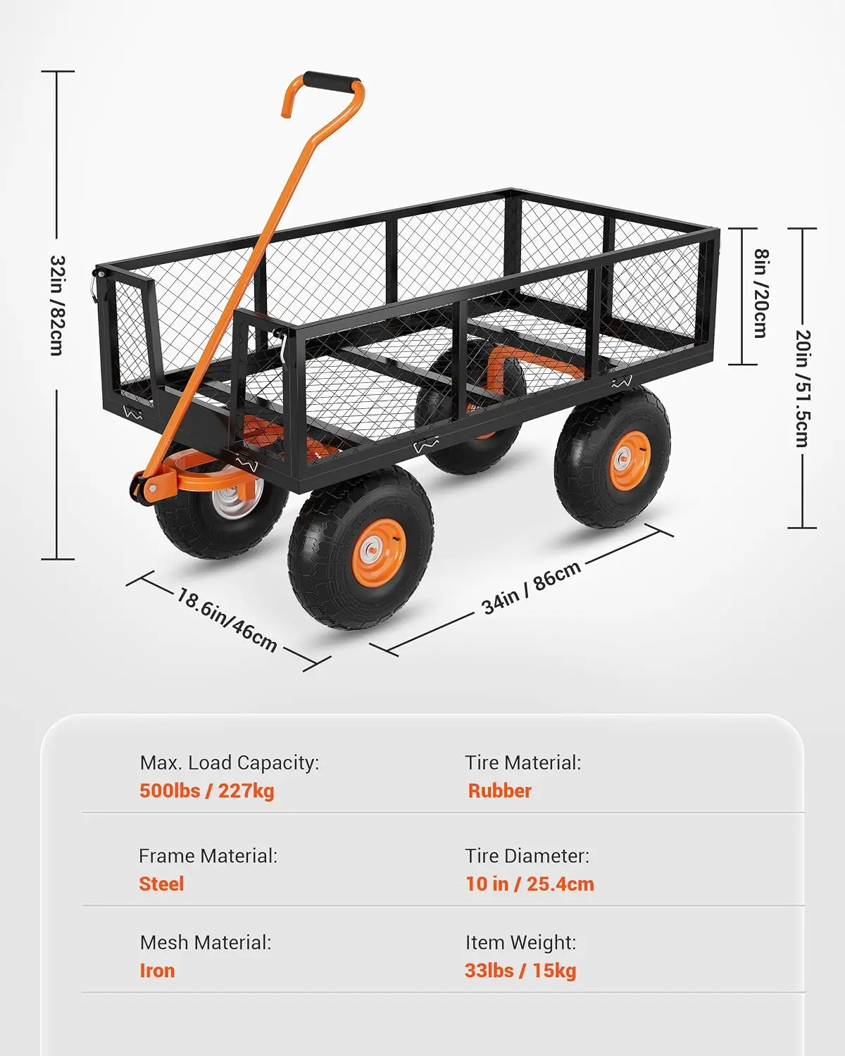 Garvee Steel Garden Cart, Heavy Duty 500 Lbs Capacity, With Removable Mesh Sides Utility Metal Wagon Perfect For Garden Farm Yard 180° Rotating Handle