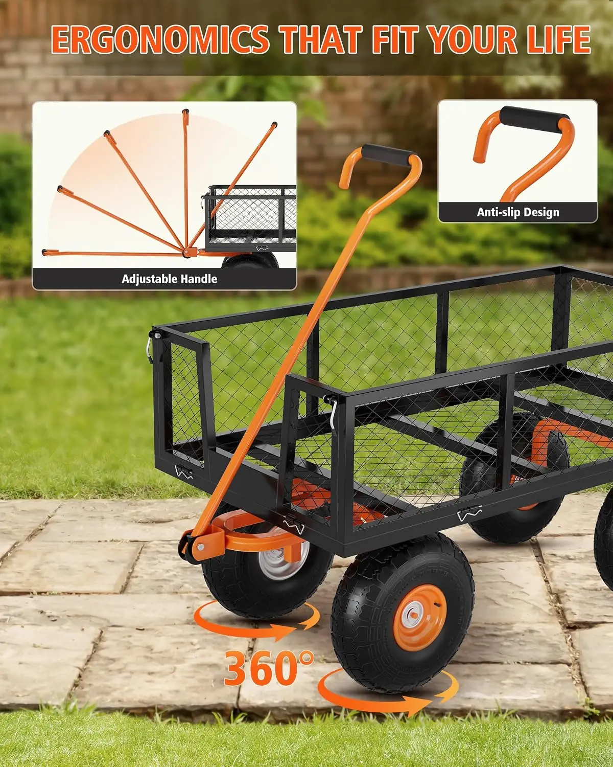 Garvee Steel Garden Cart, Heavy Duty 500 Lbs Capacity, With Removable Mesh Sides Utility Metal Wagon Perfect For Garden Farm Yard 180° Rotating Handle