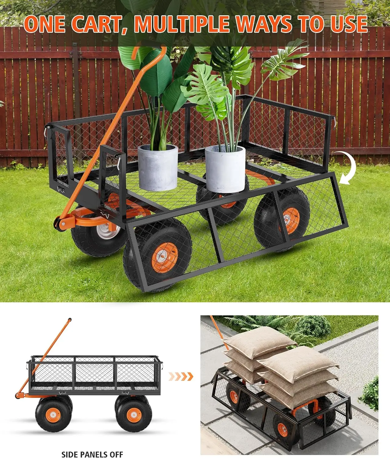 Garvee Steel Garden Cart, Heavy Duty 500 Lbs Capacity, With Removable Mesh Sides Utility Metal Wagon Perfect For Garden Farm Yard 180° Rotating Handle
