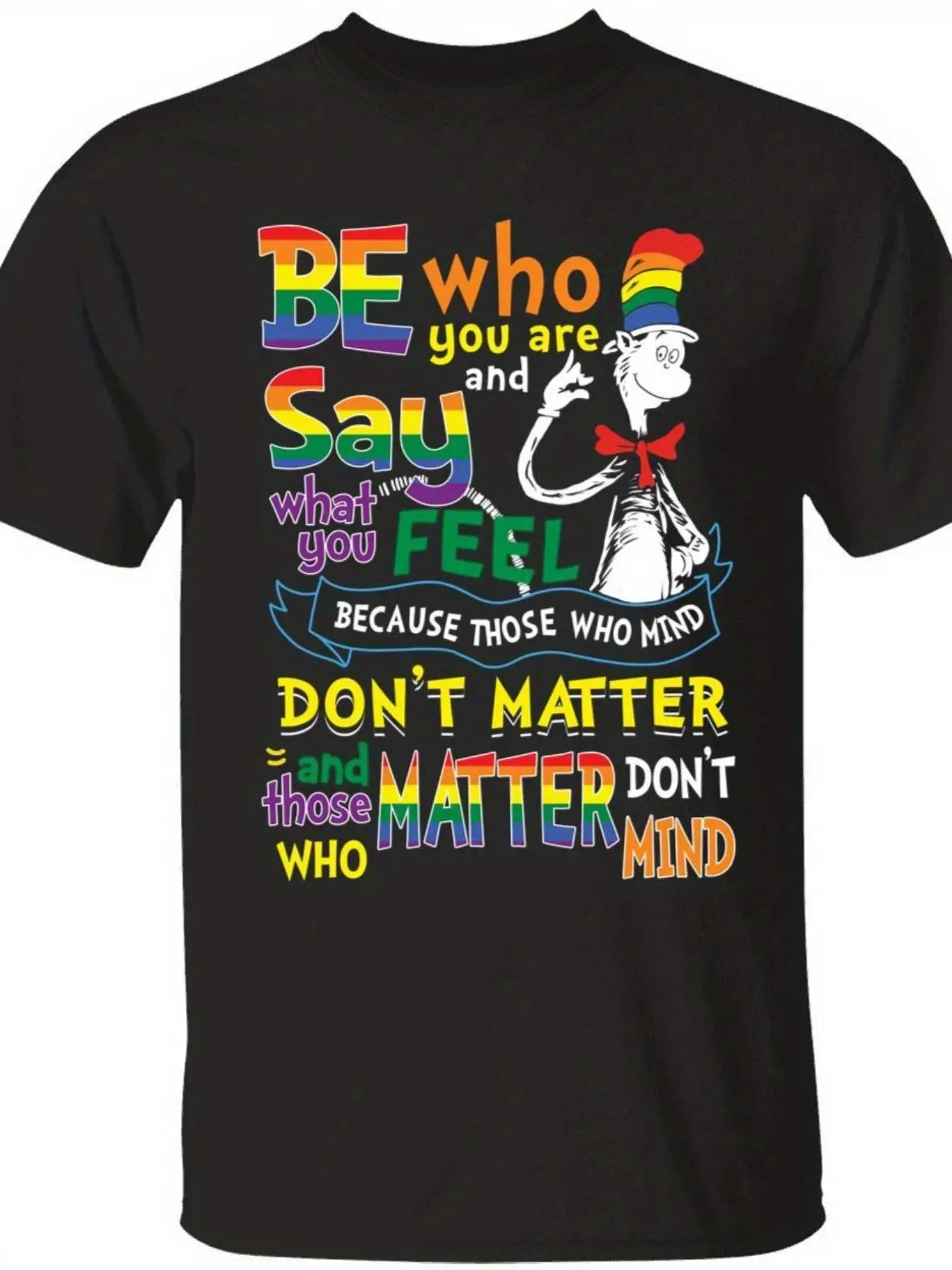 MEN'S PLUS SIZEPlus Size Men's T-Shirt BE Who You Are Say What You Feel Inspirational Black T-Shirt - Colorful Motivational Design with Cartoon Character, Casual Crew Neck Tee, Perfect Gift for Self-Expression and Empowerment