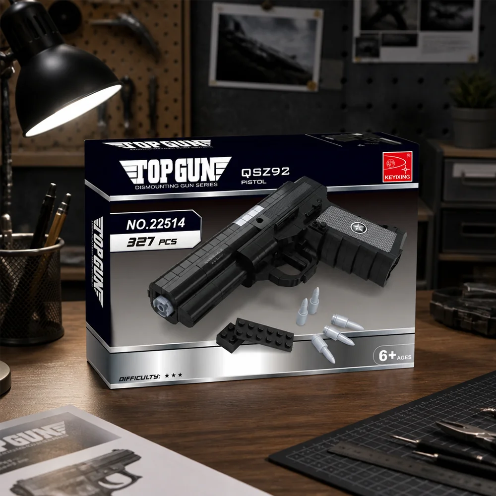 DIY Assembled Pistol Building Blocks 327 Pieces Simulation Handgun Model Simulated Bullet Accessories Non‑shooting Puzzle Toy Home Decor Surprise Holiday Gift For Boys Teens Halloween Birthday Christmas