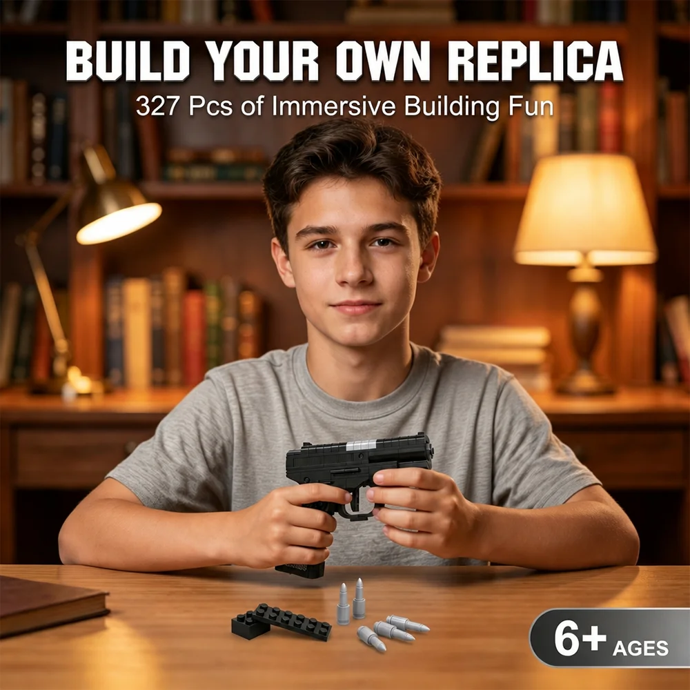 DIY Assembled Pistol Building Blocks 327 Pieces Simulation Handgun Model Simulated Bullet Accessories Non‑shooting Puzzle Toy Home Decor Surprise Holiday Gift For Boys Teens Halloween Birthday Christmas