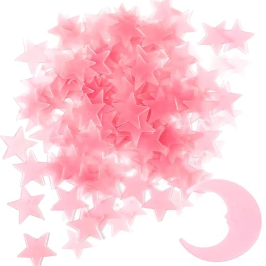 Glow in the Dark Stars for Room Decor, Plastic Luminous Fluorescent, Pink, 100 Stars 1 Moon with Adhesive Pads, 3D Ceiling Wall