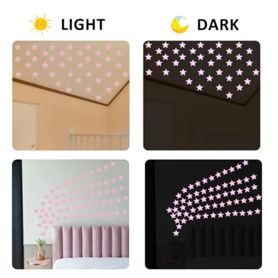 Glow in the Dark Stars for Room Decor, Plastic Luminous Fluorescent, Pink, 100 Stars 1 Moon with Adhesive Pads, 3D Ceiling Wall