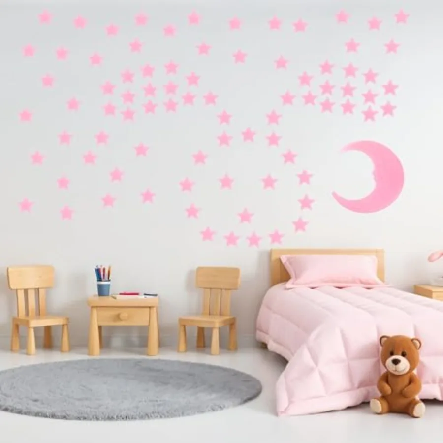 Glow in the Dark Stars for Room Decor, Plastic Luminous Fluorescent, Pink, 100 Stars 1 Moon with Adhesive Pads, 3D Ceiling Wall
