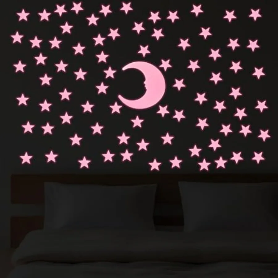 Glow in the Dark Stars for Room Decor, Plastic Luminous Fluorescent, Pink, 100 Stars 1 Moon with Adhesive Pads, 3D Ceiling Wall