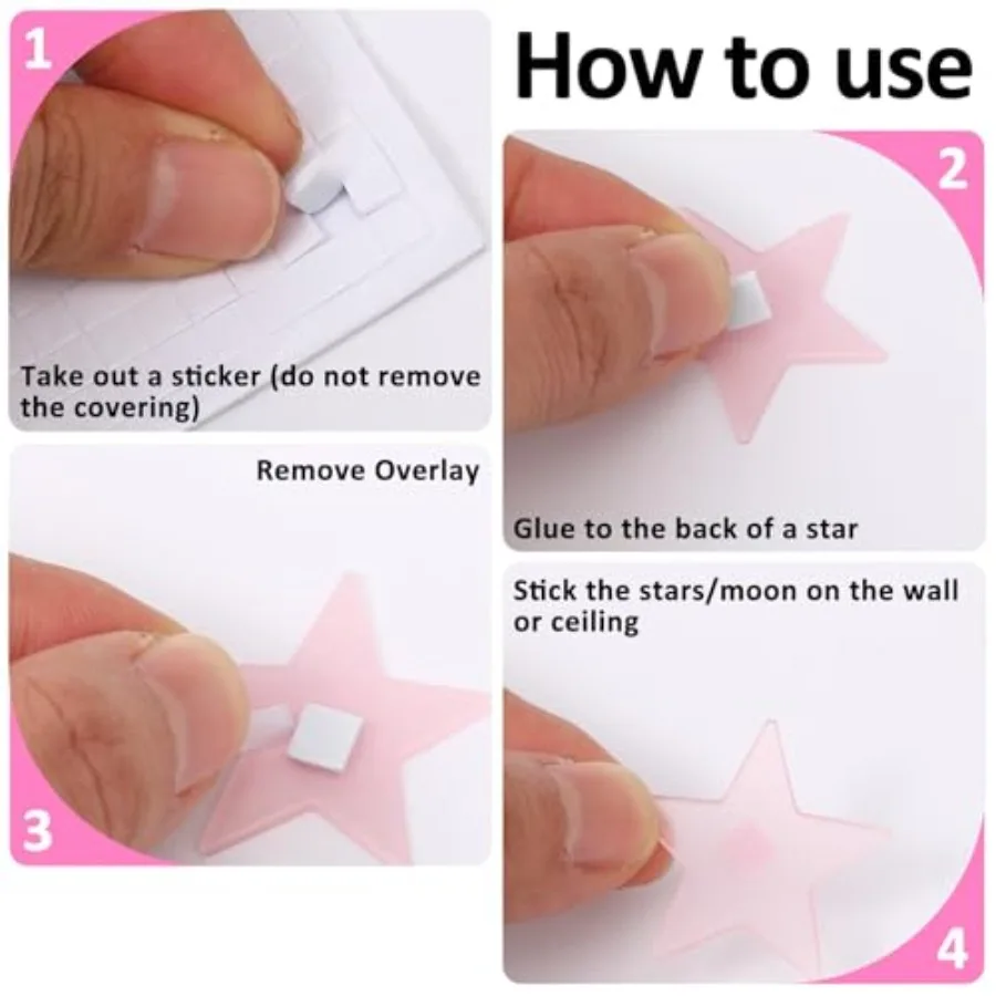 Glow in the Dark Stars for Room Decor, Plastic Luminous Fluorescent, Pink, 100 Stars 1 Moon with Adhesive Pads, 3D Ceiling Wall