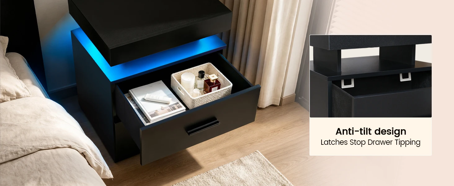 Black Nightstands set of 2 LED Night Stand with 2 Fabric Drawer for Bedroom | Nightstands with App-Controlled Adjustable LED Lights, Night Stand with Storage Shelf ,Modern Bedside Table for Bedroom