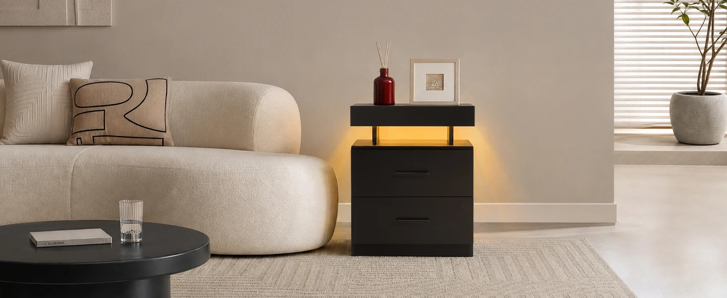 Black Nightstands set of 2 LED Night Stand with 2 Fabric Drawer for Bedroom | Nightstands with App-Controlled Adjustable LED Lights, Night Stand with Storage Shelf ,Modern Bedside Table for Bedroom