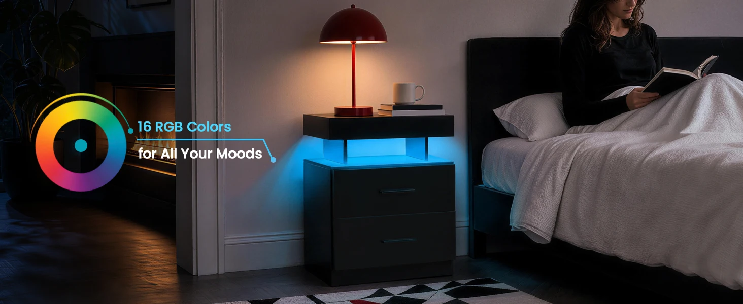 Black Nightstands set of 2 LED Night Stand with 2 Fabric Drawer for Bedroom | Nightstands with App-Controlled Adjustable LED Lights, Night Stand with Storage Shelf ,Modern Bedside Table for Bedroom