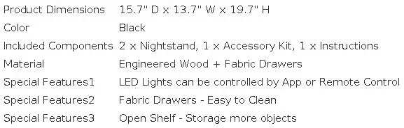 Black Nightstands set of 2 LED Night Stand with 2 Fabric Drawer for Bedroom | Nightstands with App-Controlled Adjustable LED Lights, Night Stand with Storage Shelf ,Modern Bedside Table for Bedroom