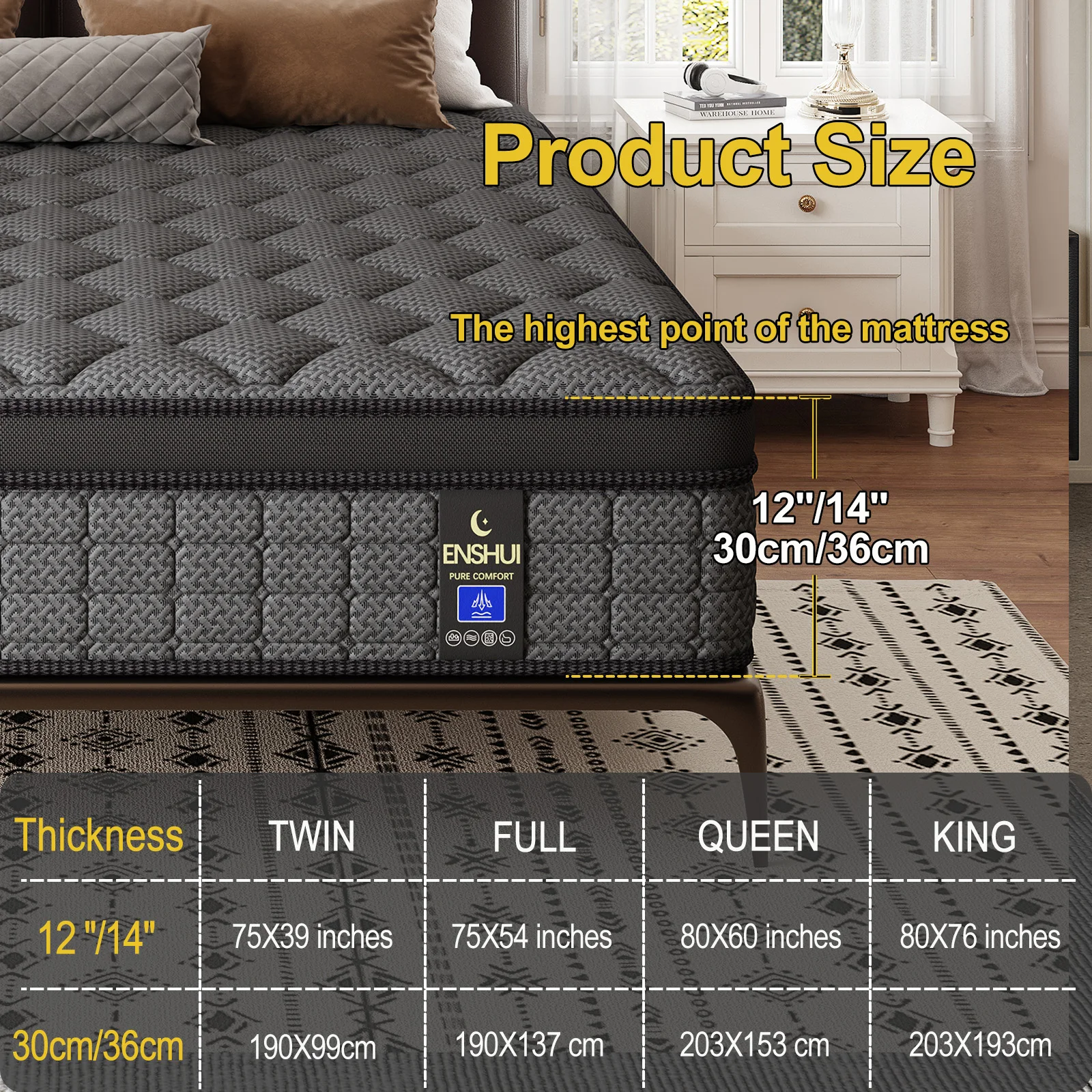 12/14 Inch Memory Foam Hybrid Mattress With Pocket Springs, Twin, Full, Queen, King, Sizes In A Box, Medium Firm, Mattresses For Support Comfort, Fiberglass-Free Suitable For Home Bedrooms, Hotels and Halls of Residence