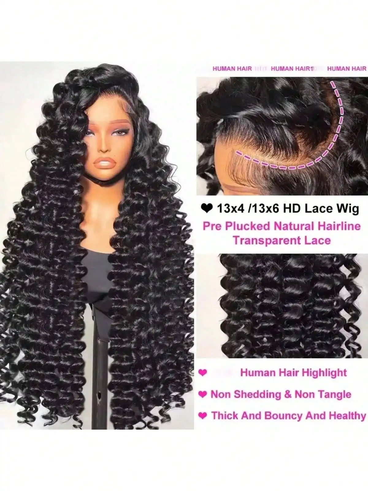 38 40 Inch Human Hair Wig 13x4 HD Loose Deep Wave Pre Plucked Wet And Wavy Curly Human Hair For Women With Baby Hair Natural Black Color