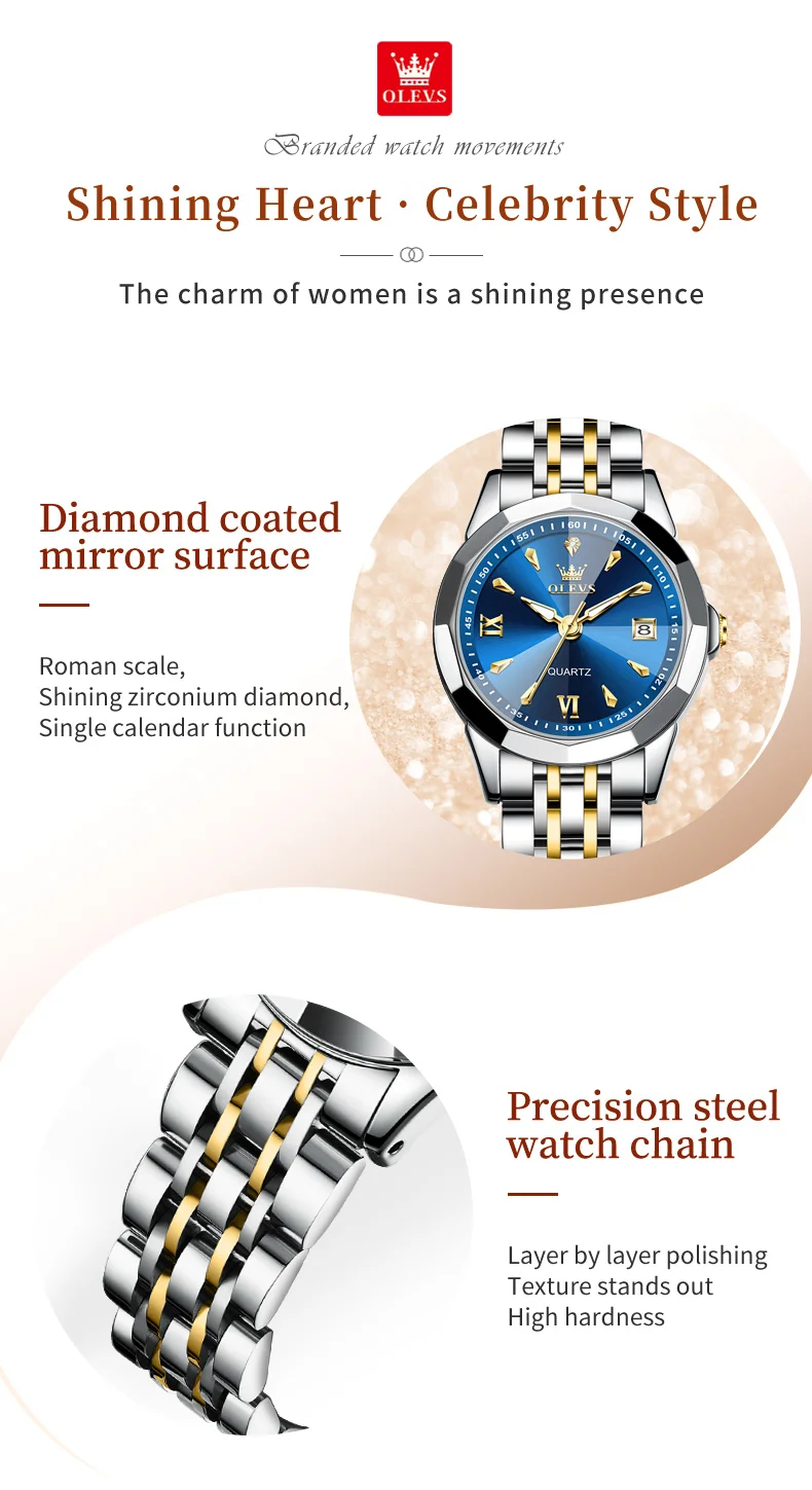 OLEVS 9998 Women Watch Luxury Original Quartz Fashion Brand Diamond Waterproof Luminous Wristwatch Calendar Window Elegance Design For Women