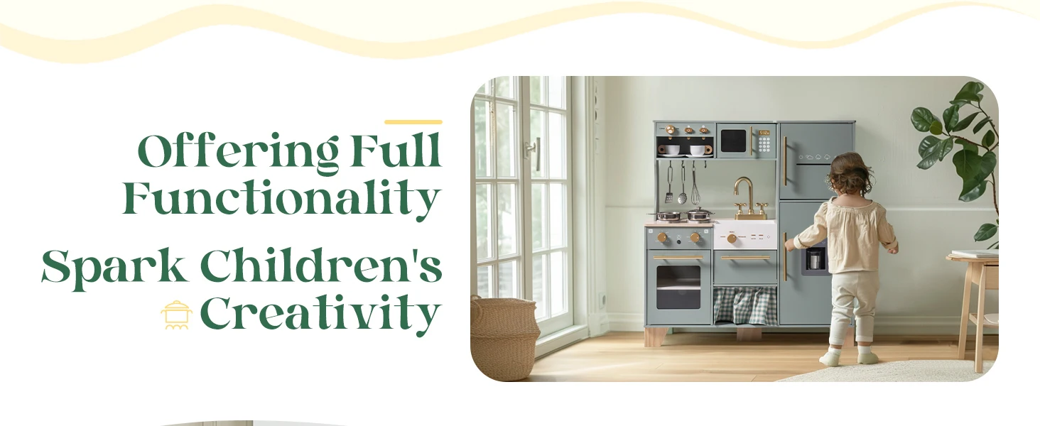 Robud Wooden Play Kitchen Playset Bean Green Toy for Kids Toddlers Preschool Gift for Girls Boys Age 3+