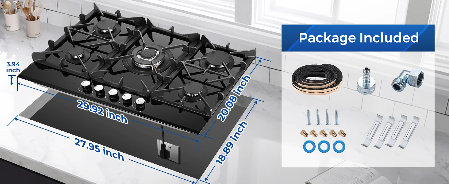 30 Inch Gas Cooktop 5-Burner Black Glass Built-In Stove Top Natural Gas/LPG Convertible for Kitchen