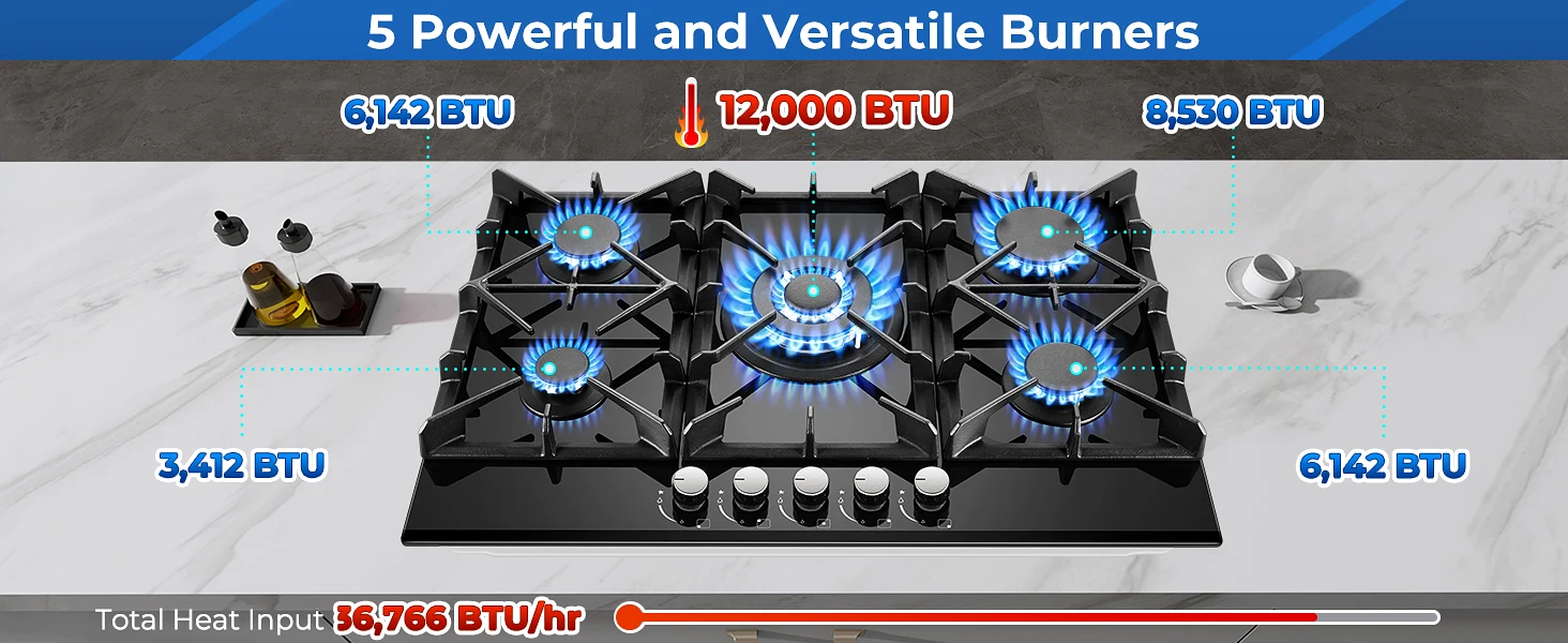 30 Inch Gas Cooktop 5-Burner Black Glass Built-In Stove Top Natural Gas/LPG Convertible for Kitchen