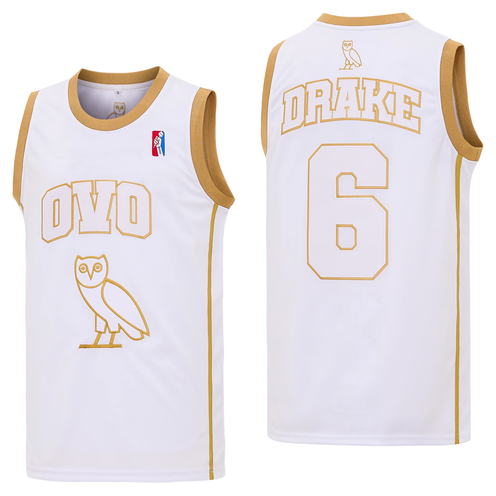 Men’s #6 OVO Owl White Gold Basketball Jersey,Letter Embroidery Sports Tank Top Hip Hop Vintage Basketball Uniform Streetwear