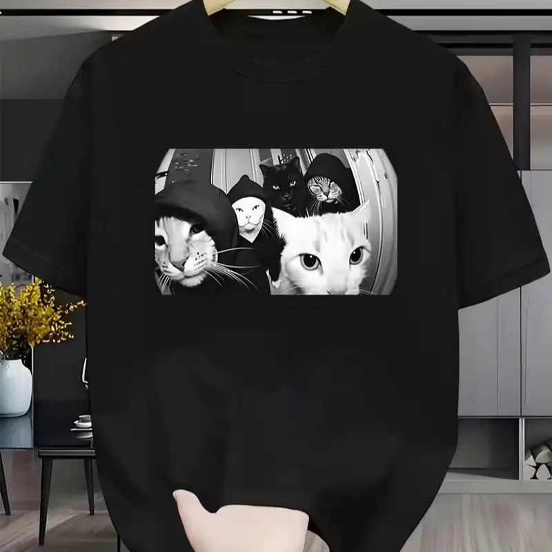 Gangster Cats Meme Graphic T‑Shirt, Cool Black‑White Hooded Street Cats Print Tee, Funny Gift for Cat Lovers Men and Women