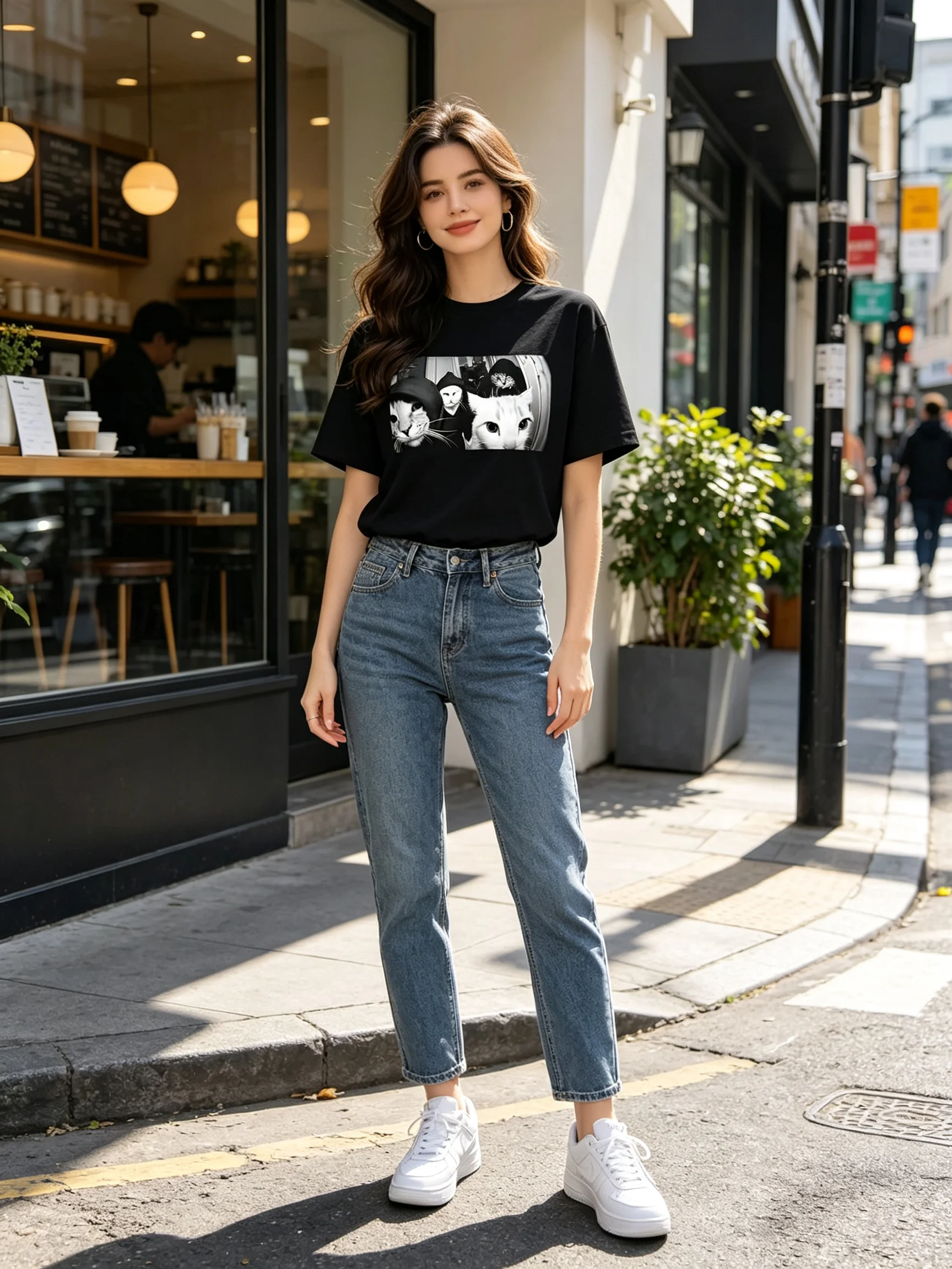 Gangster Cats Meme Graphic T‑Shirt, Cool Black‑White Hooded Street Cats Print Tee, Funny Gift for Cat Lovers Men and Women