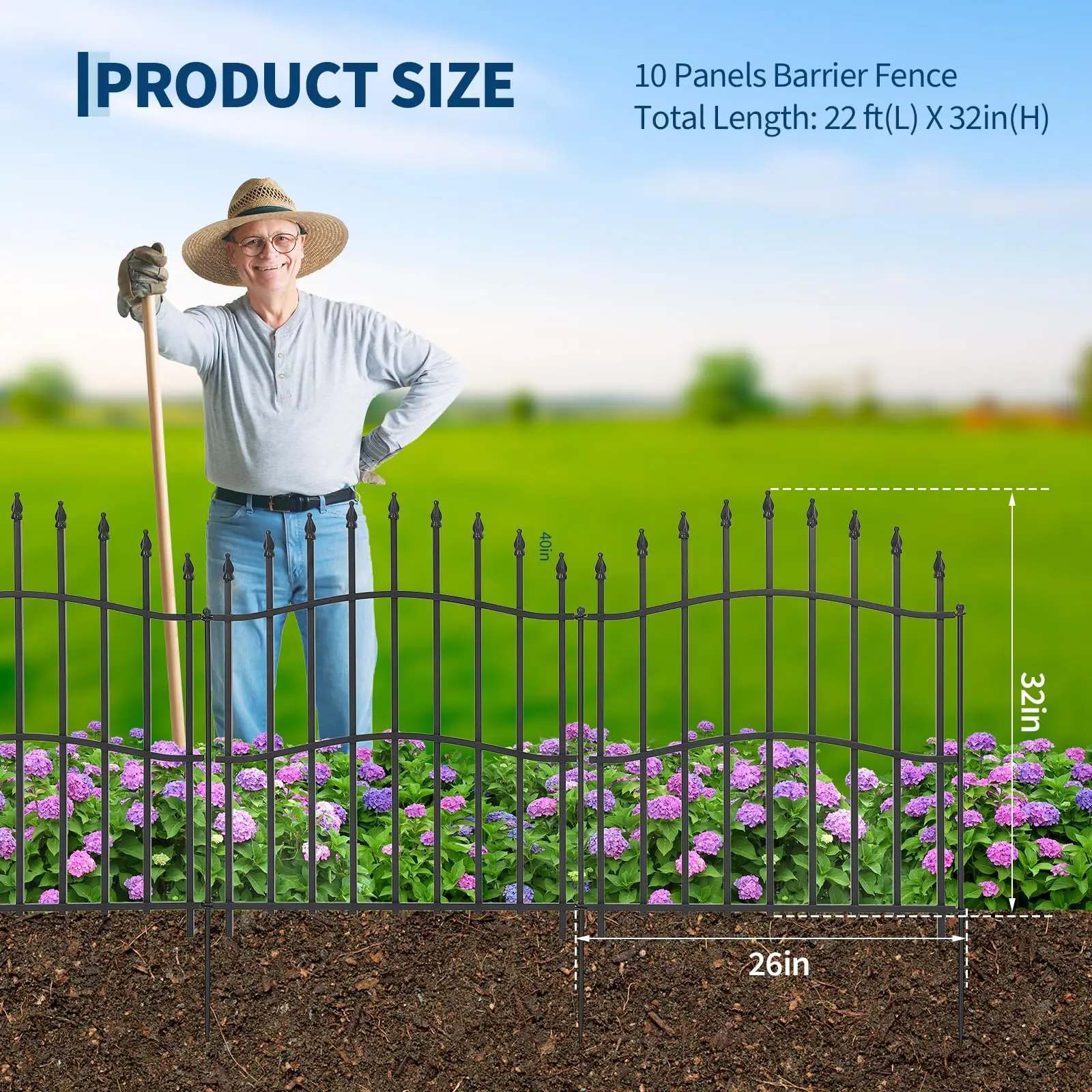 32 Inch No Dig Garden Fence 10 Pack, 22FT Metal Animal Barrier Panels With Gate, Decorative Yard Border For Patio Flower Beds