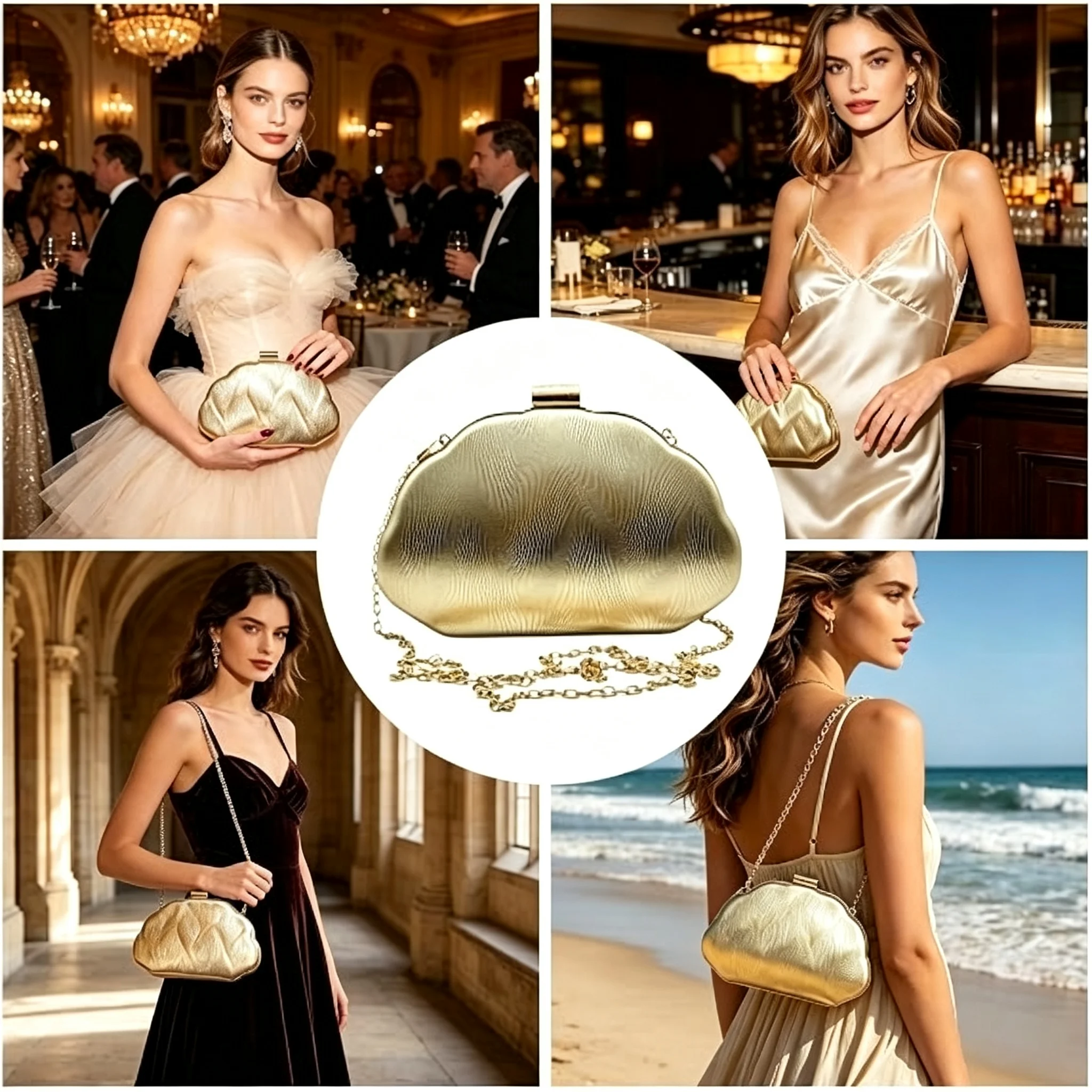 Women Cloud Shape Gold Evening Clutch Bag Metallic Wavy Texture Hardcase Handbag Detachable Chain Crossbody Purse Wedding Party Prom Formal Dinner Shoulder Bag