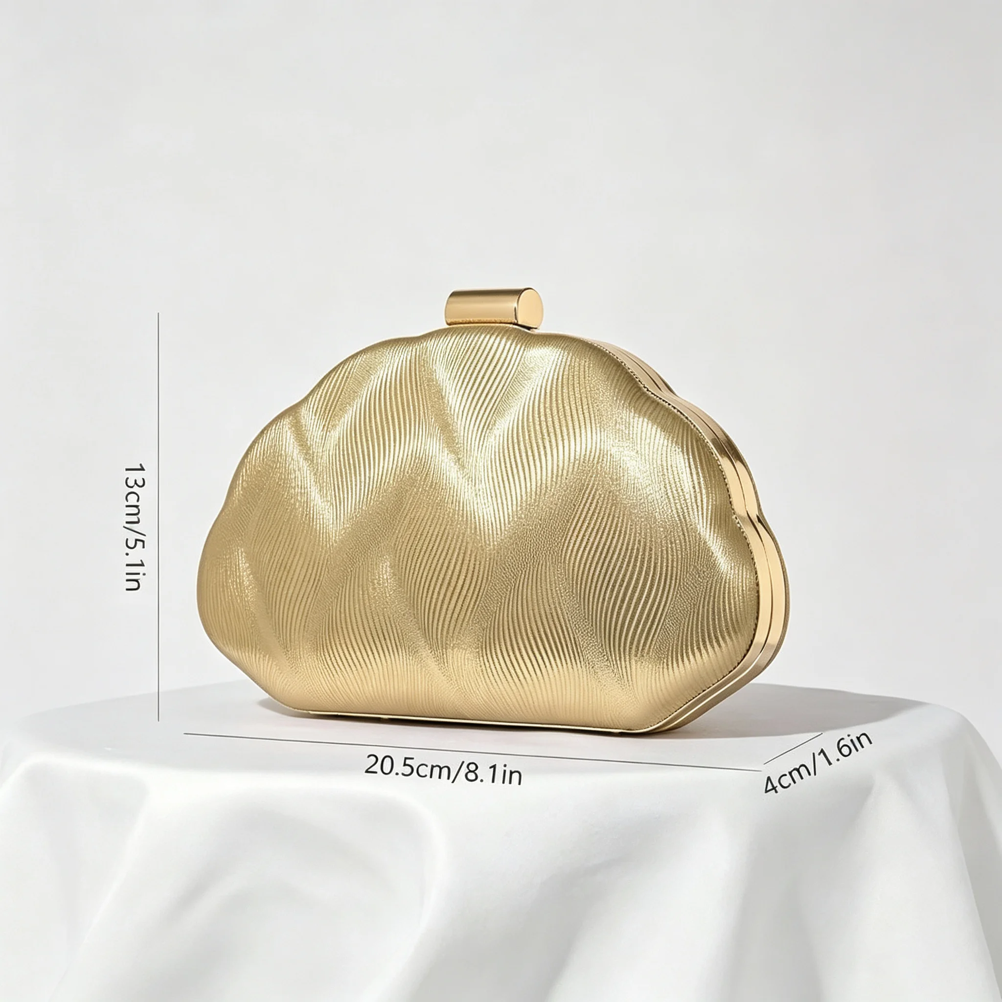 Women Cloud Shape Gold Evening Clutch Bag Metallic Wavy Texture Hardcase Handbag Detachable Chain Crossbody Purse Wedding Party Prom Formal Dinner Shoulder Bag